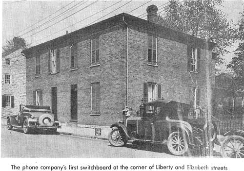 Old building picture with caption: "The phone company's first switchboard at the corner of Liberty and Elizabeth streets.